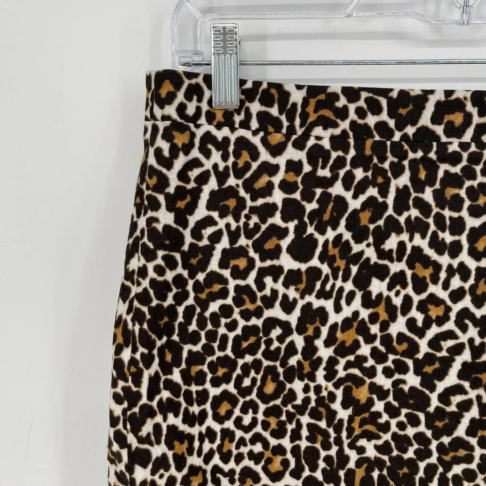 J Crew Women's Brown Multi Leopard Animal Print Linen Cotton Pencil Skirt Size 6